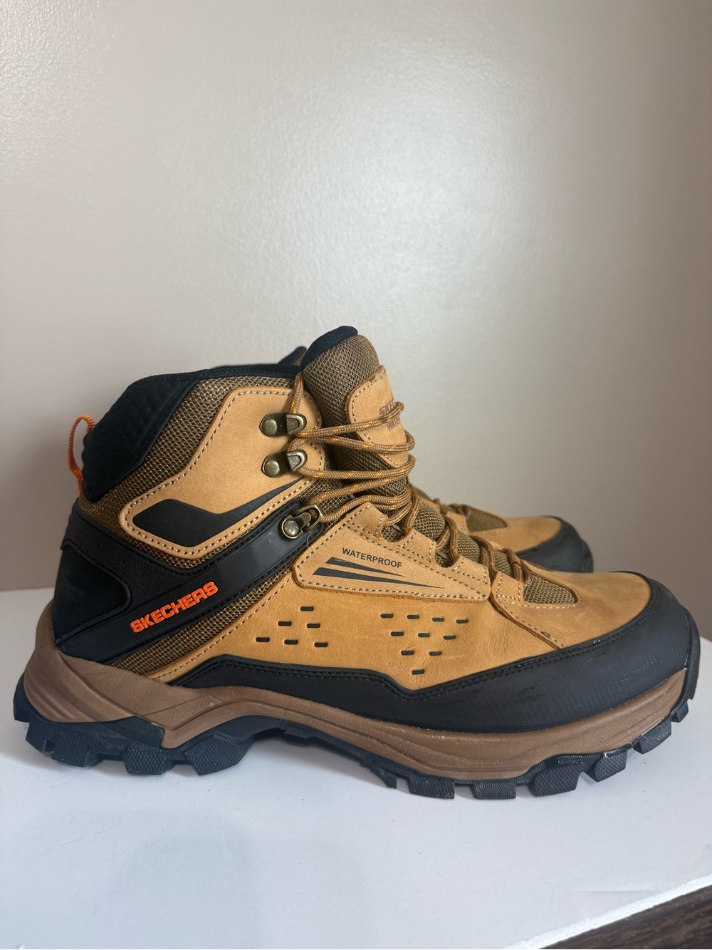 SKECHERS Polano Norwood WATERPROOF Tan Black Leather Hiking Boots 65755 Men's 12